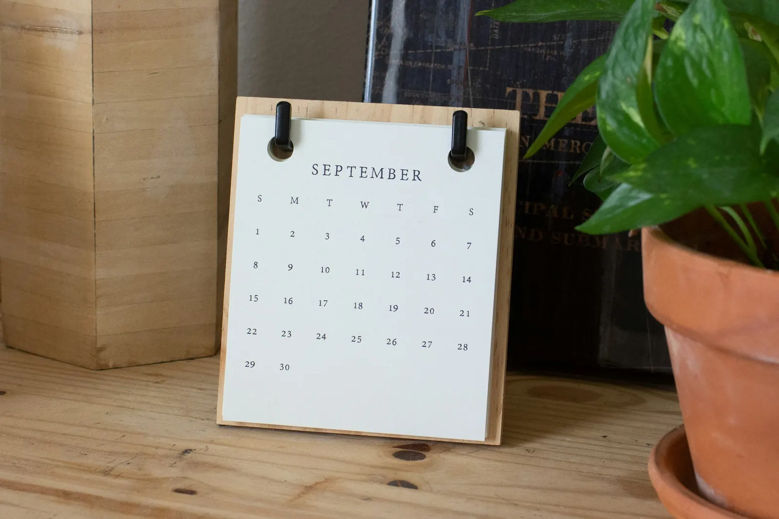 Tischkalender mit dem Monat September neben einer Topfpflanze